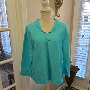 TWO WISHES linen rayon blend Turquoise Long Sleeve Top Vneck collar Medium NEW…
